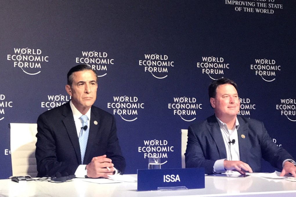US Representatives Darrell Issa (left) and Todd Rokita attend a press conference at the World Economic Forum in Tianjin on Wednesday. Photo: Wendy Wu