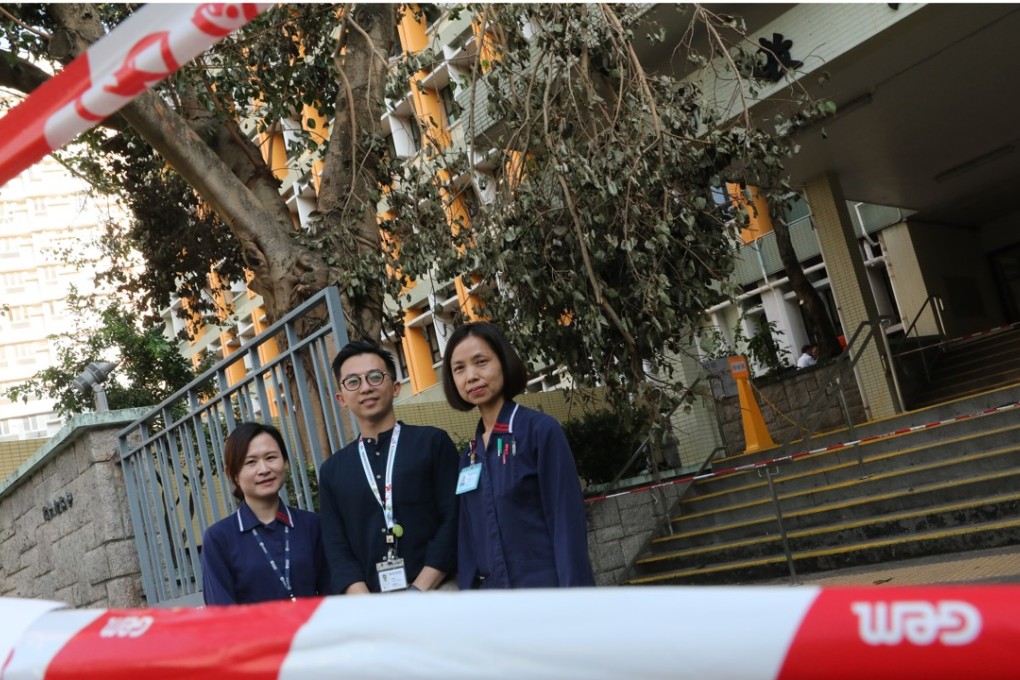 Chan Tsz-ki (left), senior hospital foreman Ling Shiu-Chung and Agatha Tang outside Buddhist Hospital. Photo: K. Y. Cheng