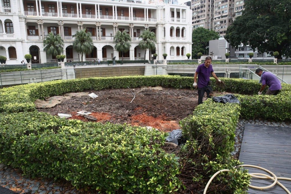 Workers cleaning up the site of the fallen tree at the 1881 Heritage in Tsim Sha Tsui after Typhoon Mangkhut. Photo: Edmond So