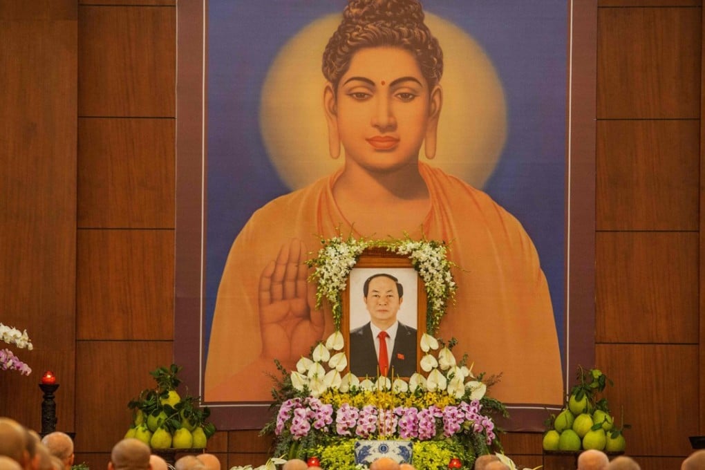 Buddhist monks pray for late Vietnam's President Tran Dai Quang at the Vietnam Quoc Tu Pagoda in Ho Chi Minh City on Saturday. He was succeeded on Sunday by Vice-President Nguyen Thi Ngoc Thinh. Photo: AFP