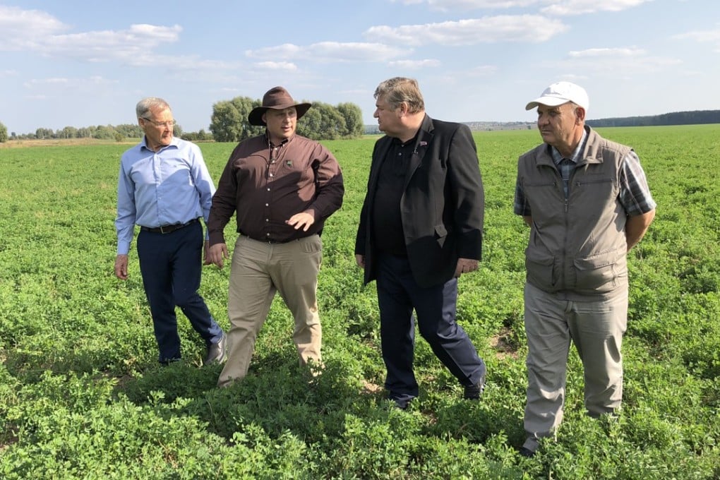 Afrikaner Leon du Toit, his son Johannes du Toit, Vladimir Poluboyarenko, aide to the Stavropol government, and Mikhail Baranov, general director of the ‘Rodina’ dairy farm, walk across the alfalfa fields in Kosyakovo, southeast of Moscow. Photo: The Washington Post