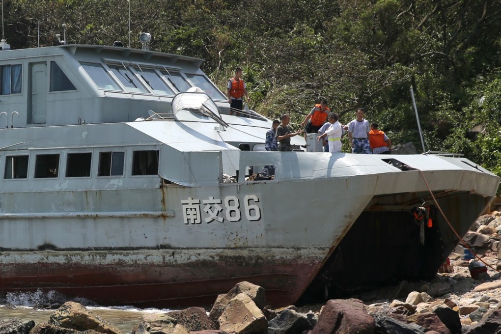 The Nan Kiao 86 got stuck on the rocky shore of Kau Yi Chau as Typhoon Mangkhut battered Hong Kong. Photo: Sam Tsang