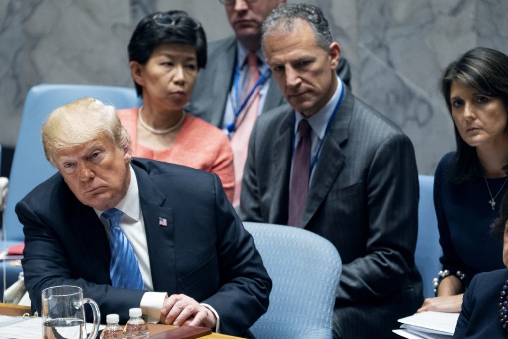US President Donald Trump listens to a council member at a United Nations Security Council on Wednesday. Photo: AP