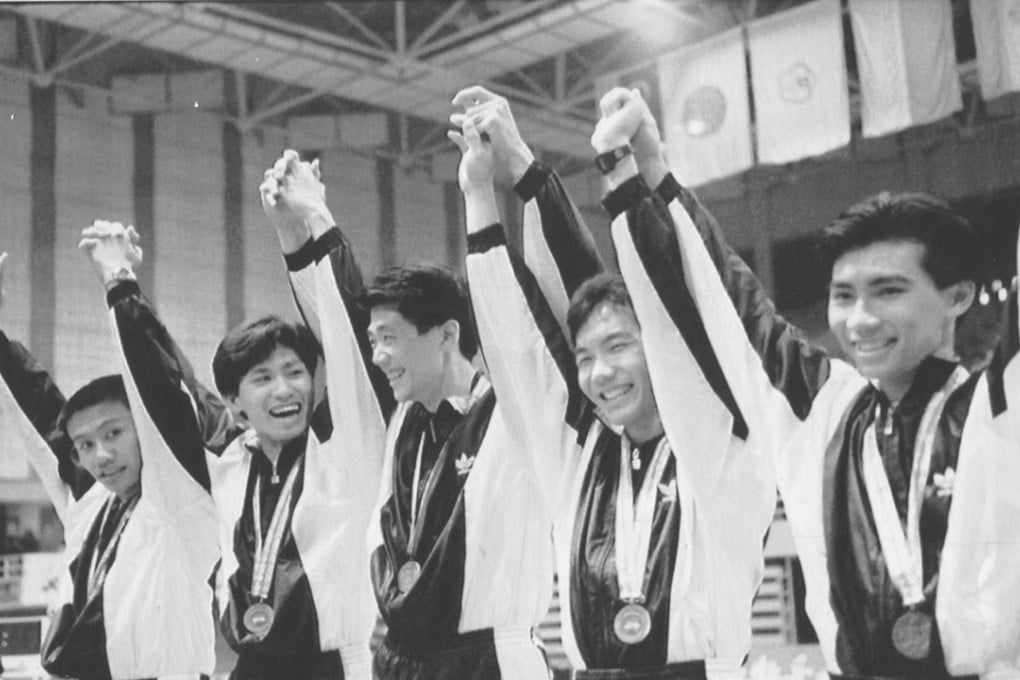 Hong Kong’s fencing team celebrate their Asian Games bronze medal in 1990. Picture: SCMP