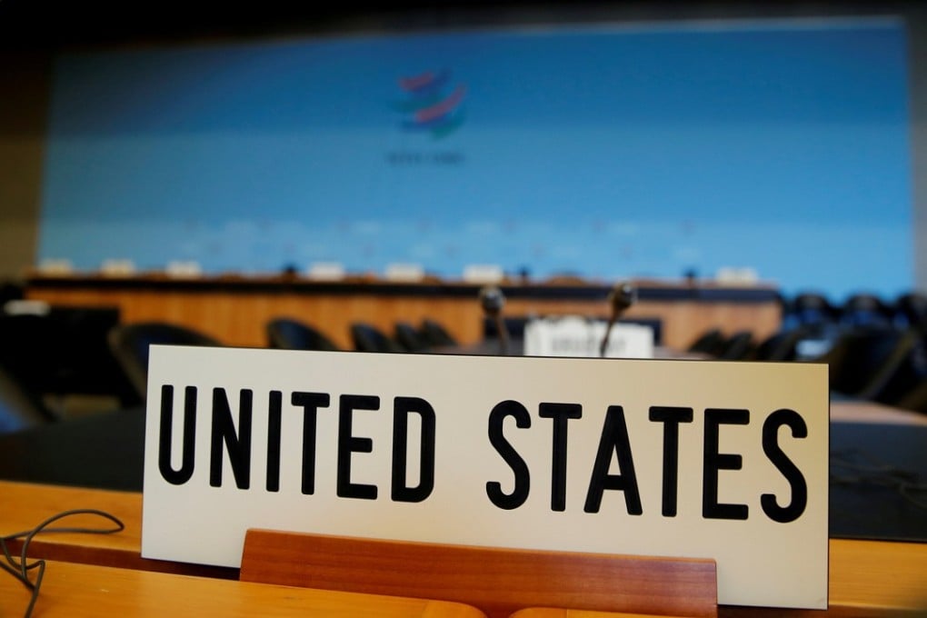 The US nameplate at a World Trade Organisation meeting in Geneva in July. US President Donald Trump has threatened to pull out of the WTO. Photo: Reuters