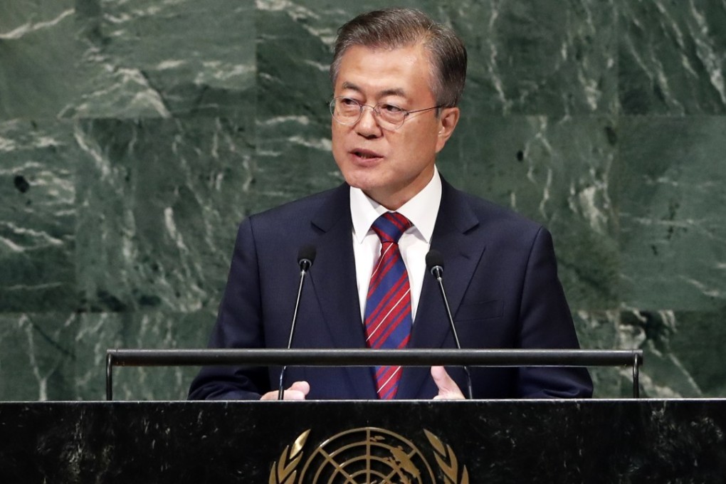 President of South Korea Moon Jae-in speaks at United Nations headquarters on Wednesday. Photo: EPA-EFE