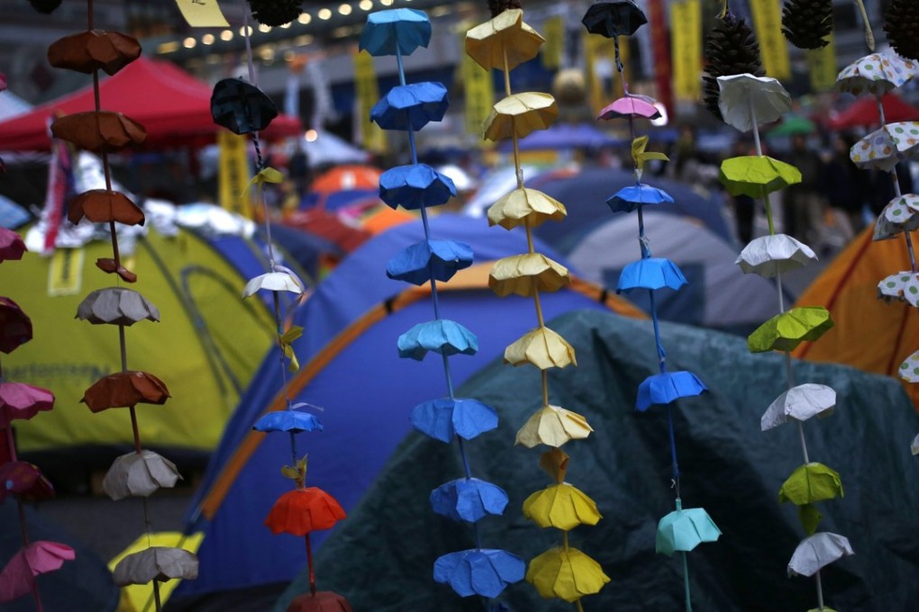 Rows of handmade paper umbrellas, a symbol of the Occupy campaign, are seen amid the protests of 2014. Photo: EPA