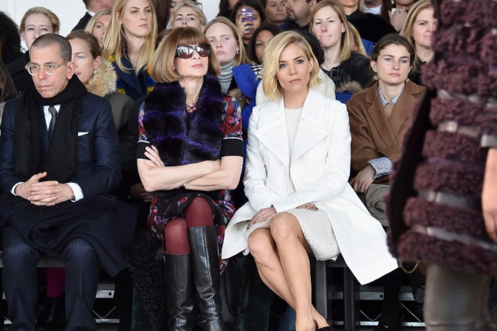 Jonathan Newhouse, chairman and chief executive of Condé Nast International, Vogue editor-in-chief Anna Wintour (centre), and actress Sienna Miller attend a Calvin Klein fashion show in 2015. Photo: Mike Coppola/Getty Images for Mercedes-Benz Fashion Week/AFP