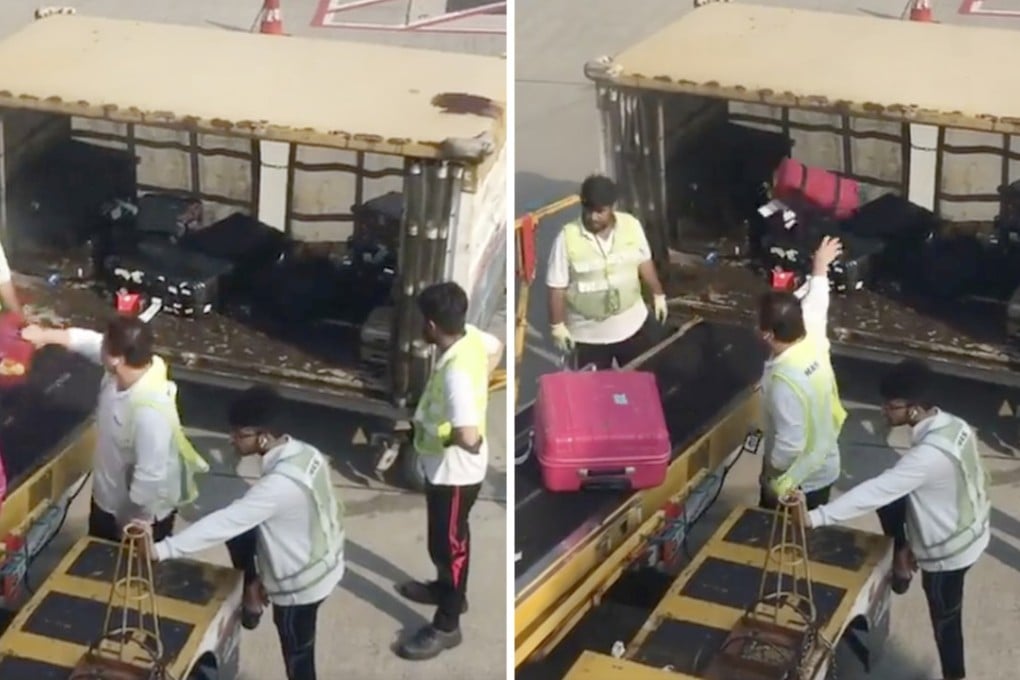 Airport staff throw passengers’ luggage into a cart at Hong Kong airport. Photo: Facebook