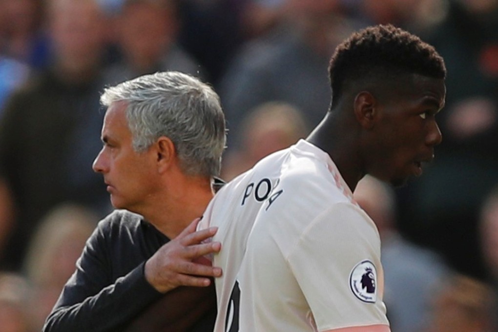Manchester United's Paul Pogba with manager Jose Mourinho after being substituted off against West Ham United. Photo: Reuters