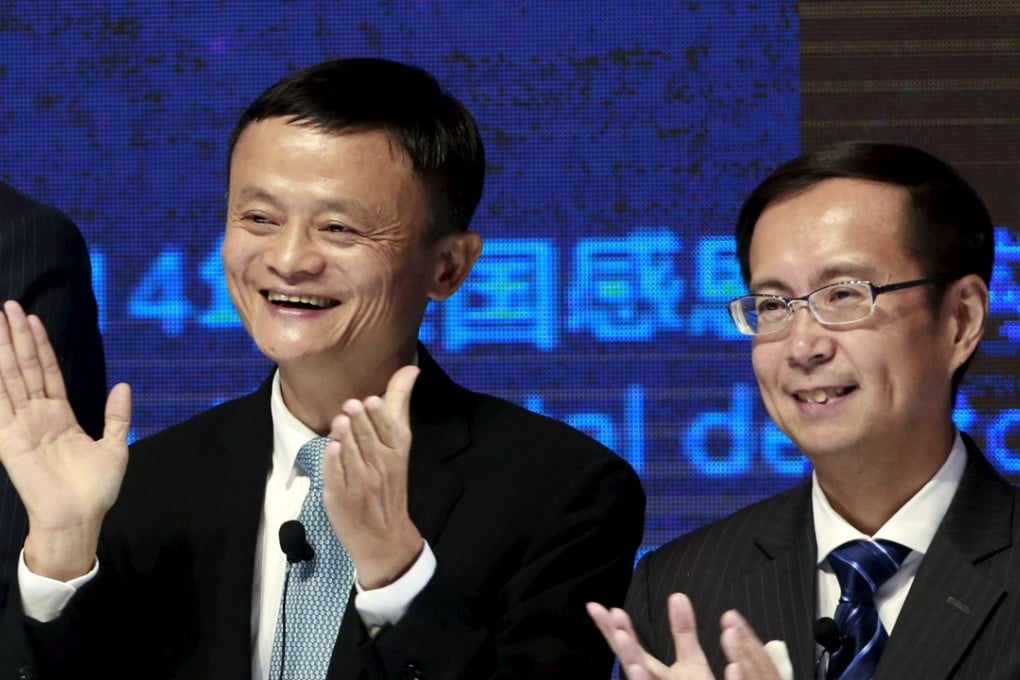 Alibaba founder Jack Ma (left) and CEO Daniel Zhang seen at the New York Stock Exchange during the company’s 11.11 Global Shopping Festival on November 11, 2015. Photo: Reuters