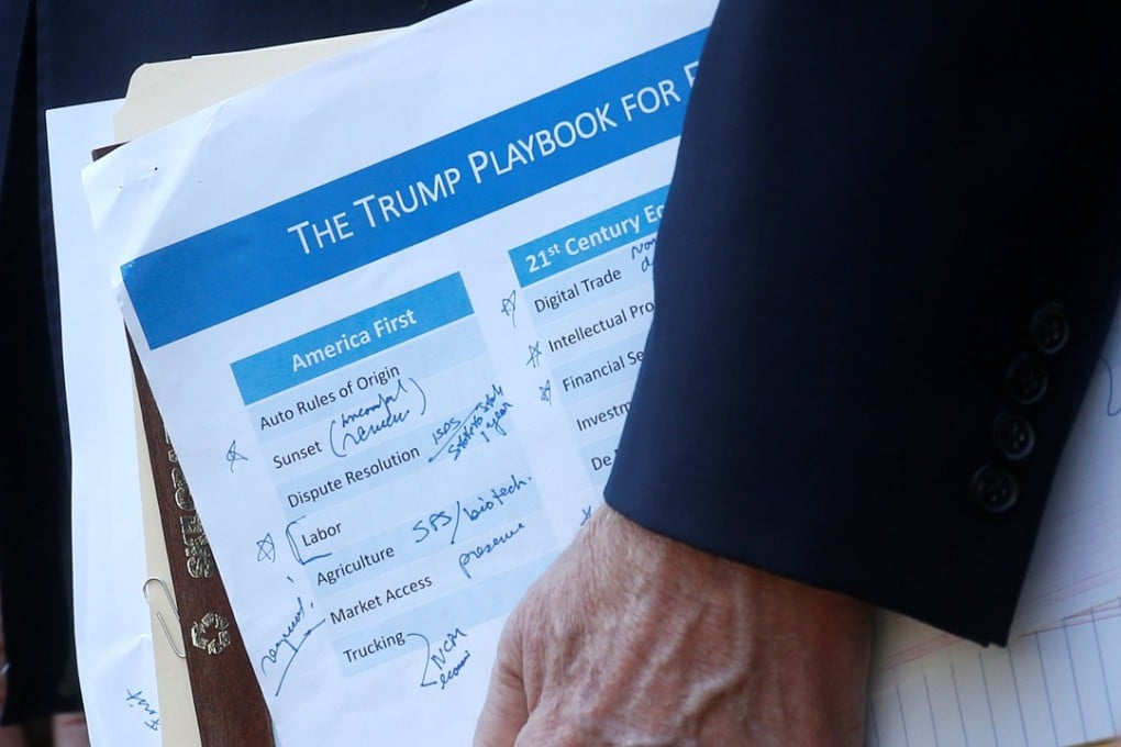 US Trade Representative Robert Lighthizer holds a ‘Trump Playbook’ document as he stands behind US President Donald Trump as the president announces the United States-Mexico-Canada Agreement (USMCA) in Washington. Photo: Reuters