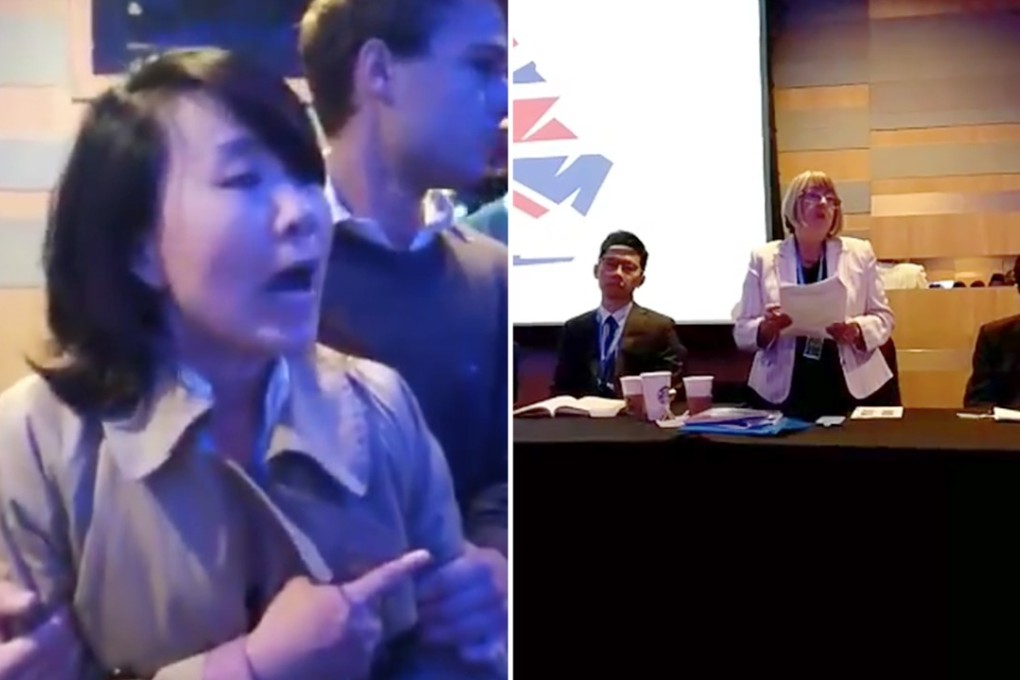 Kong Linlin (left) slapped a student volunteer at a conference co-organised by London-based human rights NGO Hong Kong Watch and the Conservative Party Human Rights Commission. Photo: Twitter/Handout