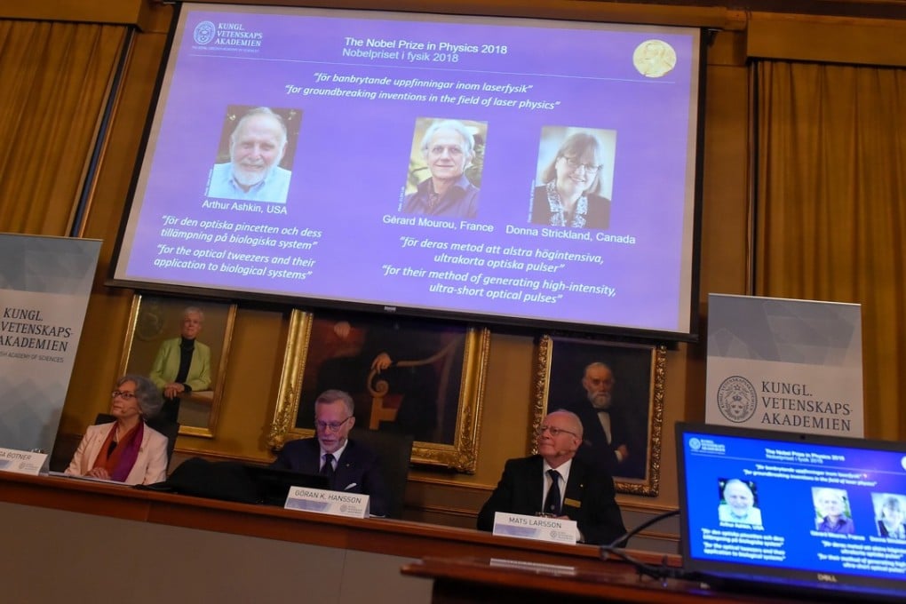 Winners of the Nobel Prize in Physics for 2018, Arthur Ashkin, Gerard Mourou and Donna Strickland. Photo: Reuters