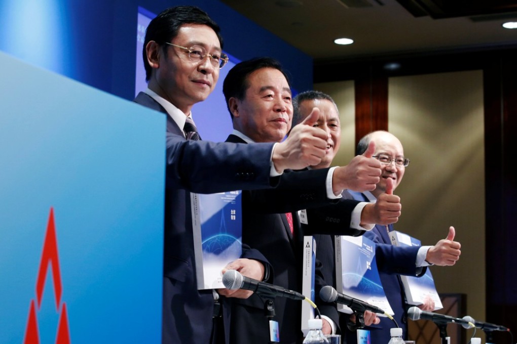 China Tower’s management address a news conference on the company’s IPO in Hong Kong, on July 24, 2018. The telecoms tower operator’s US$7.5 billion IPO is the largest in the city so far this year. Photo: Reuters