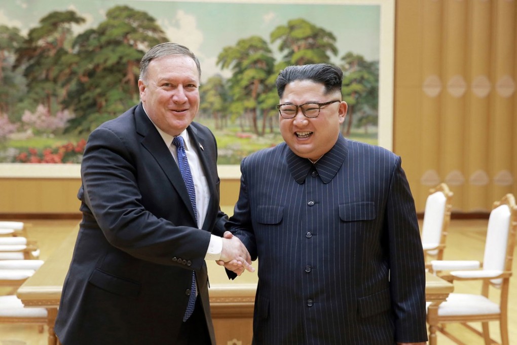 US Secretary of State Mike Pompeo shakes hands with North Korean leader Kim Jong-un during a meeting at Workers' Party of Korea headquarters in Pyongyang, North Korea, on May 9. Photo: KCNA/KNS via AP