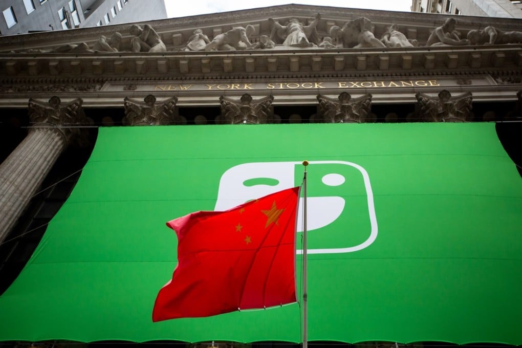 A Chinese flag flies in front of Laix Inc signage outside the New York Stock Exchange during the company's initial public offering on September 27. Photo: Bloomberg
