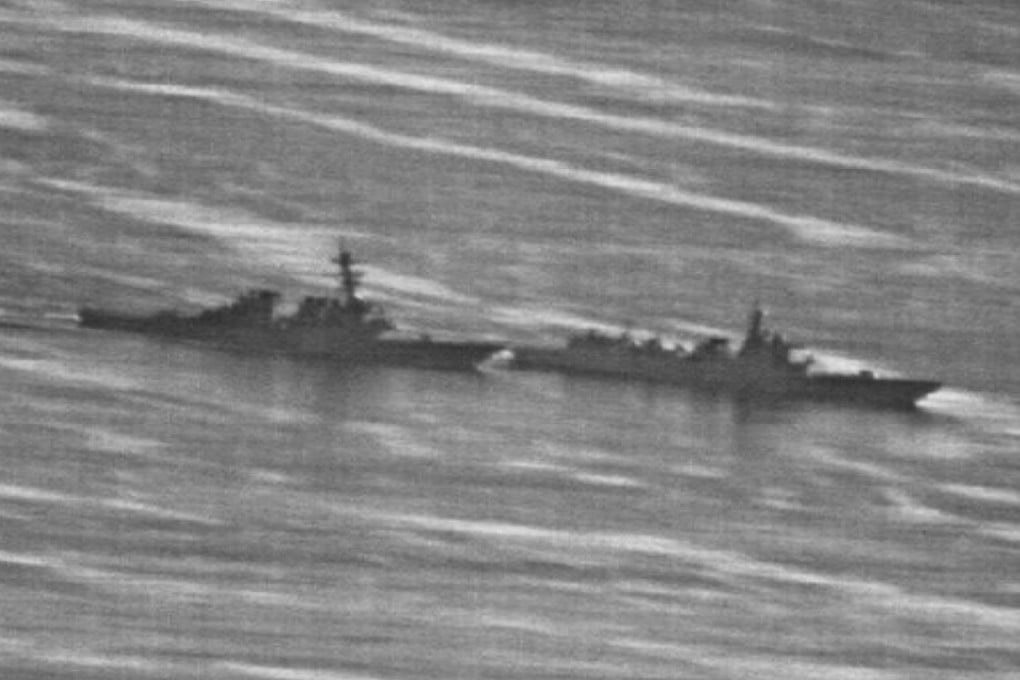 US Navy photograph showing the near-miss during a confrontation between the USS Decatur (left) and the PLA Navy destroyer in the South China Sea on Sunday. Photo: Handout