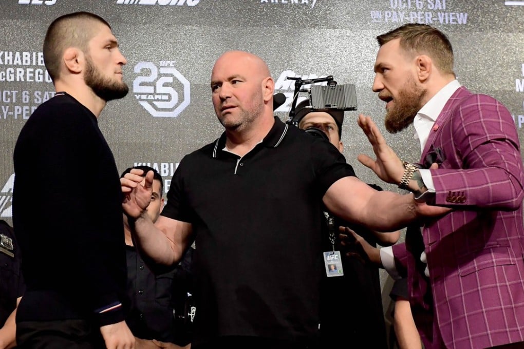 Lightweight champion Khabib Nurmagomedov faces-off with Conor McGregor during the UFC 229 Press Conference. Photo: AFP