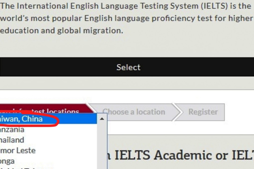 The amended drop down menu on the website of the International English Language Testing System (IELTS) which has changed its reference to Taiwan. Photo: IELTS