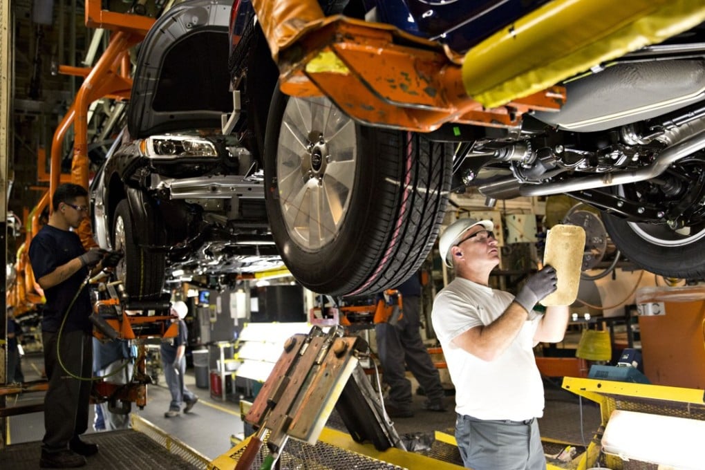 Cars move down the assembly line at Subaru’s plant in Lafayette, Indiana. The US car industry in 2017 generated around US$100 billion in sales and employed 954,000 people directly. Photo: Bloomberg