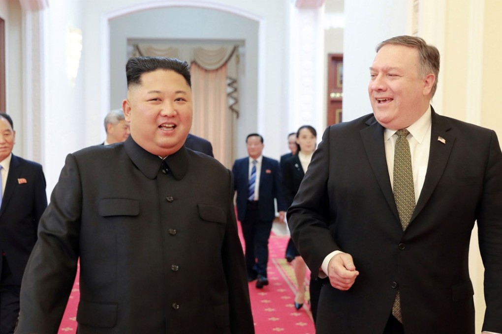North Korea's leader Kim Jong-un greets US Secretary of State Mike Pompeo at the Paekhwawon State Guesthouse in Pyongyang. Photo: AFP