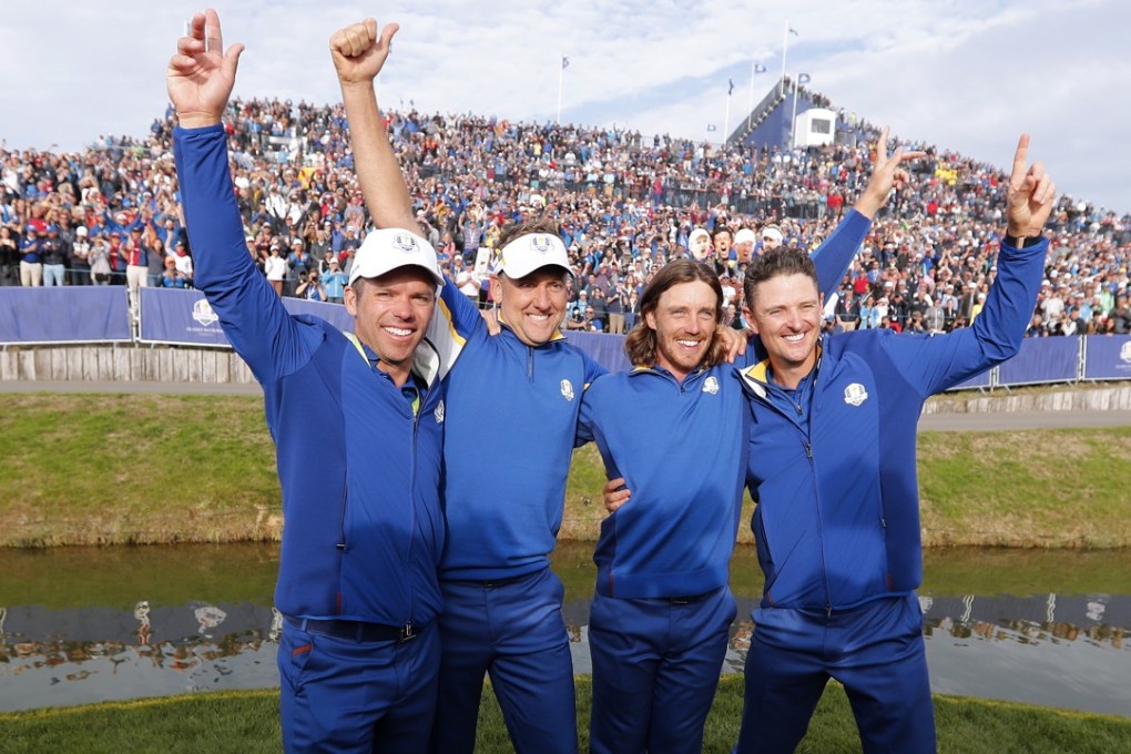 English golfers part of team Europe cheer their win on the final day of the Ryder Cup 2018 at The Golf National in Guyancourt, France, on September 30. Photo: EPA-EFE