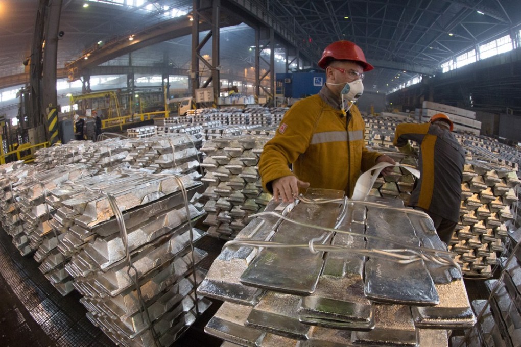 Stacks of aluminium ingots preparing for shipping at the Sayanogorsk aluminium smelter, operated by United Co. Rusal, in Sayanogorsk, Russia, on Thursday, Feb. 26, 2015. Rusal - the biggest aluminium producer outside China - and seven other Deripaska-linked firms were among a list of 12 Russian companies the US hit with sanctions to punish Russia for actions in Crimea, Ukraine and Syria, and attempting to subvert Western democracies. Photo: Bloomberg