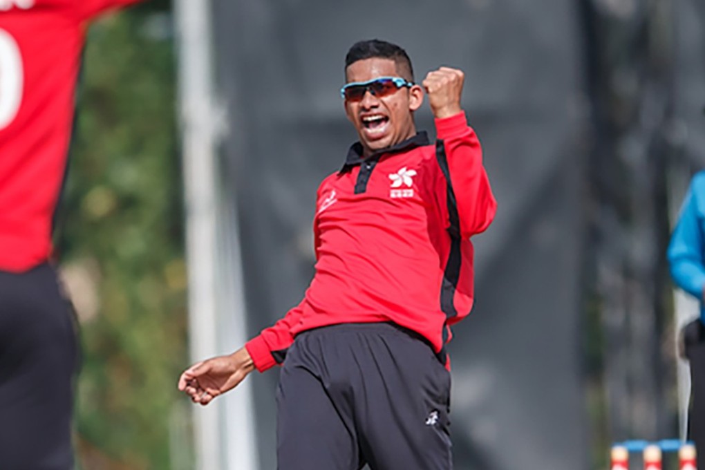 Nadeem Ahmed celebrates a wicket for Hong Kong. Photo: CHK
