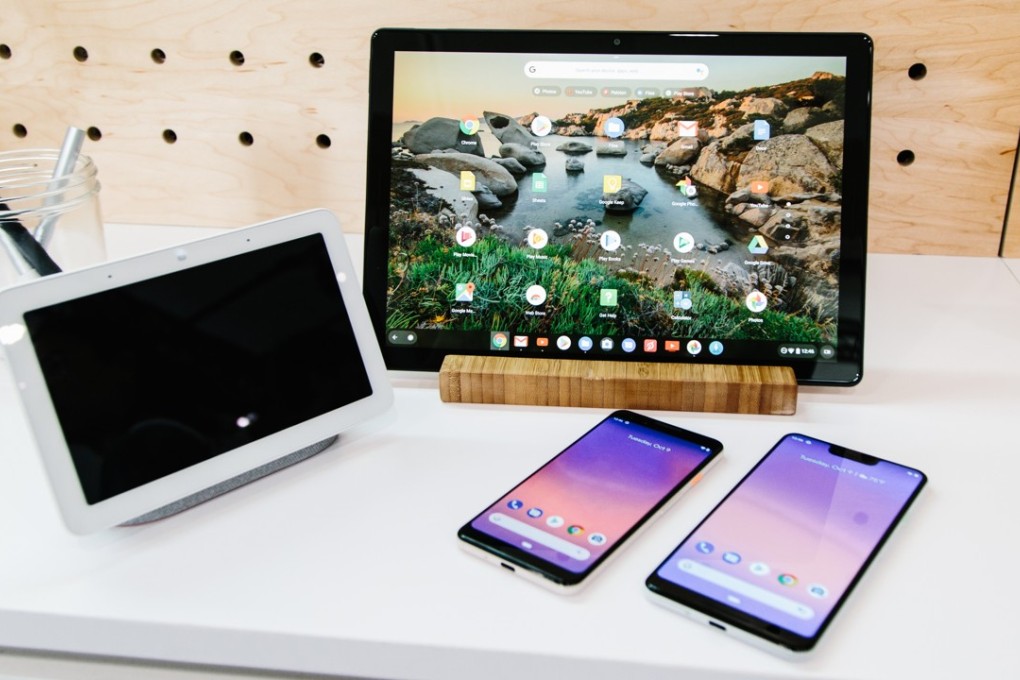 Google demos the new Google Home Hub, left, Google Pixel Slate, centre, and new Pixel phones during their official event in New York on Tuesday. Photo: EPA-EFE