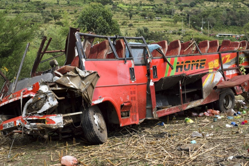 The wrecked bus at the scene of the crash near Kericho in western Kenya on October 10, 2018. Photo: AP