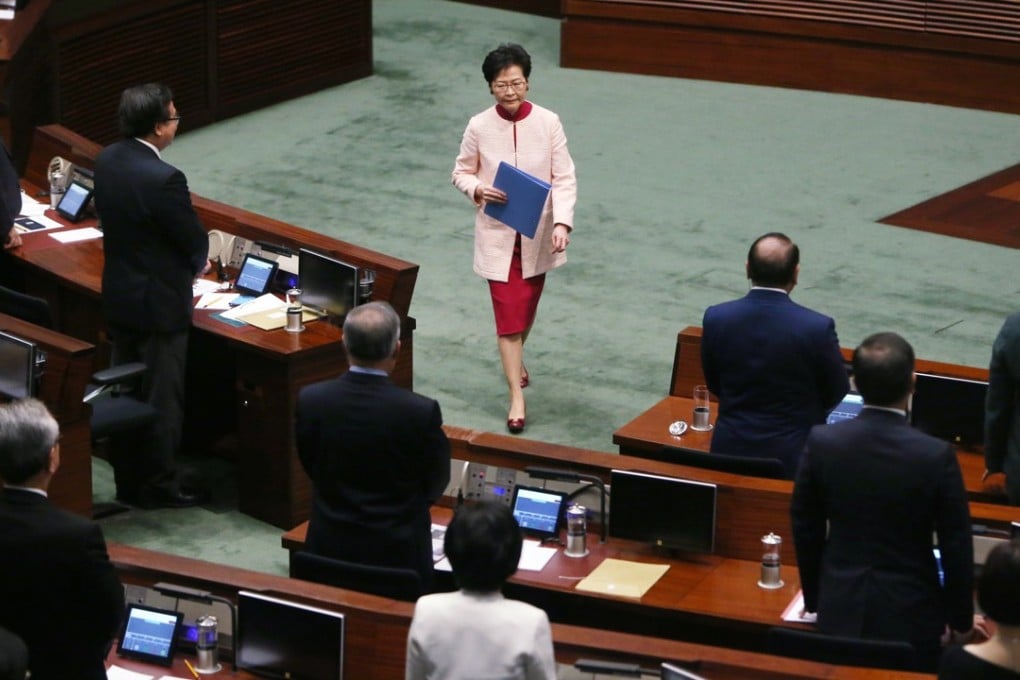 Hong Kong Chief Executive Carrie Lam Cheng Yuet-ngor appearing at the Legislative Council in Tamar for her annual policy address. Photo: Dickson Lee