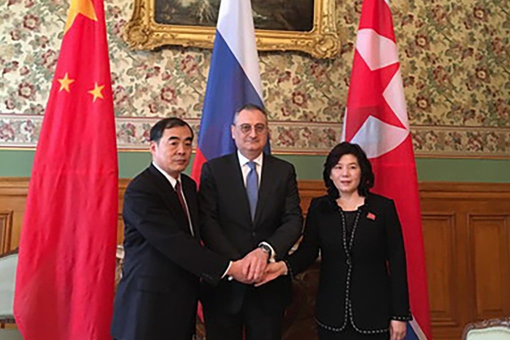 From left: China’s foreign affairs vice-minister Kong Xuanyou, Russia’s deputy foreign minister Igor Morgulov and North Korea’s foreign vice-minister Choe Son-hui at their meeting in Moscow. Photo: Handout