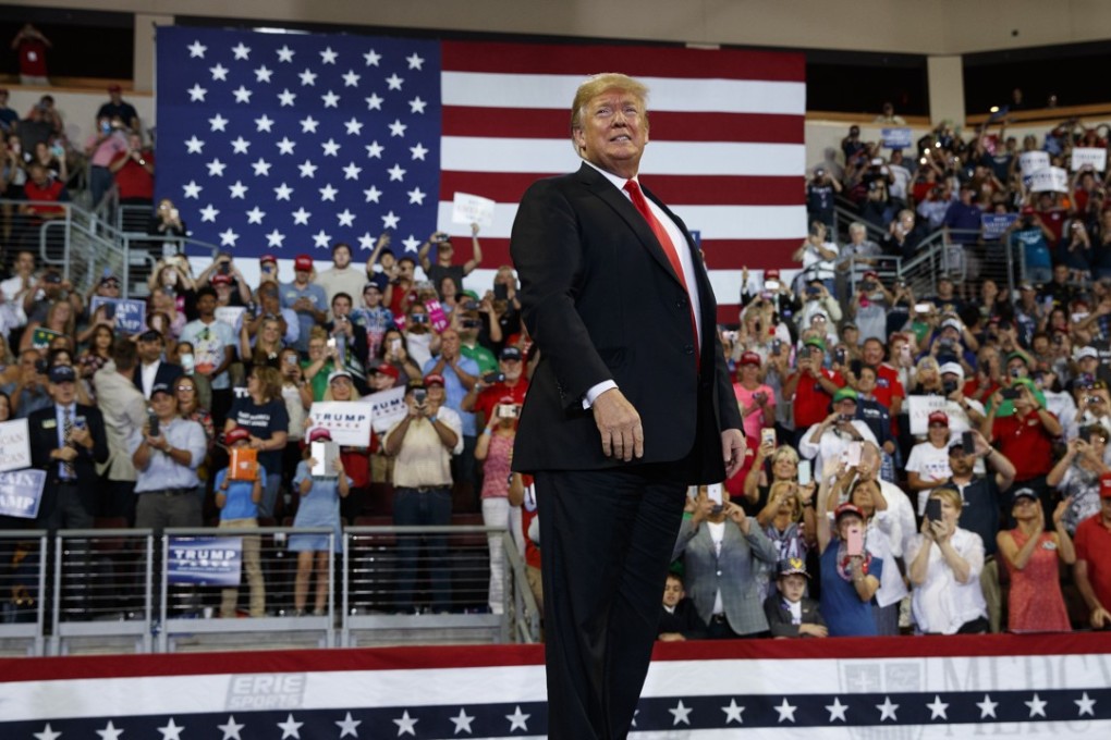 US President Donald Trump arrives to speak at a campaign rally at Erie Insurance Arena, in Erie, Pennsylvania, on Wednesday. Photo: AP