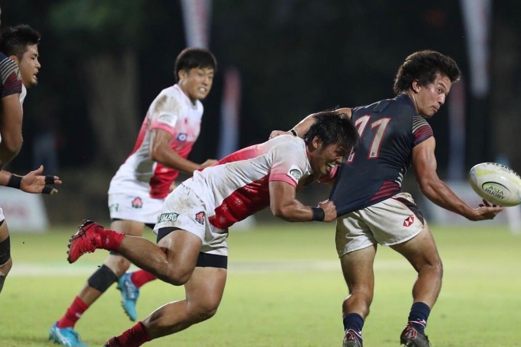 Hong Kong’s James Christie looks for a teammate to pass the ball off to during Asia Rugby Sevens Series play in Sri Lanka. Photo: Asia Rugby