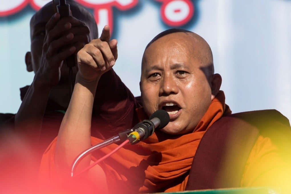 Buddhist monk Wirathu delivers a speech at a rally in Yangon to support the Myanmar military. Photo: AFP