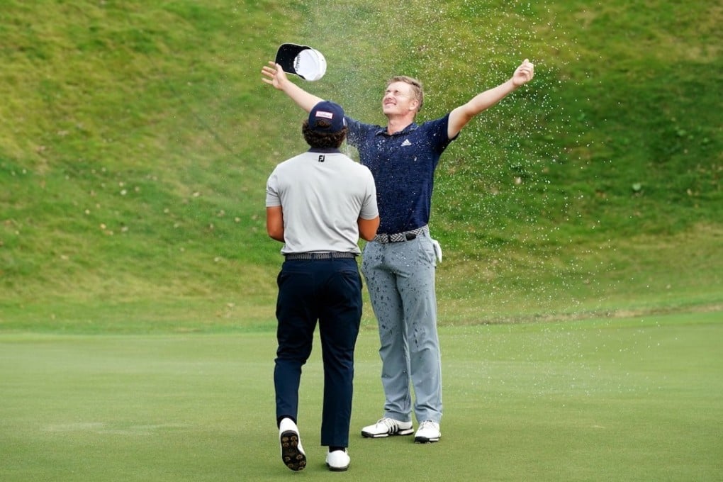 Nick Voke celebrates after winning the Clearwater Bay Open. Photo: PGA Tour-China