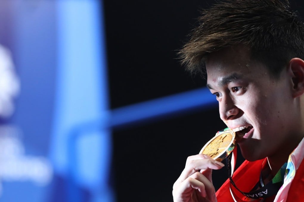 Sun Yang after winning the men’s 1,500m gold at the Jakarta Asian Games. Photo: Xinhua