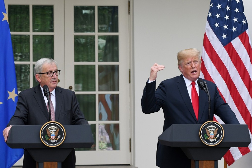In better times: US President Donald Trump and European Commission President Jean-Claude Juncker speak in the Rose Garden in July. Photo: TNS