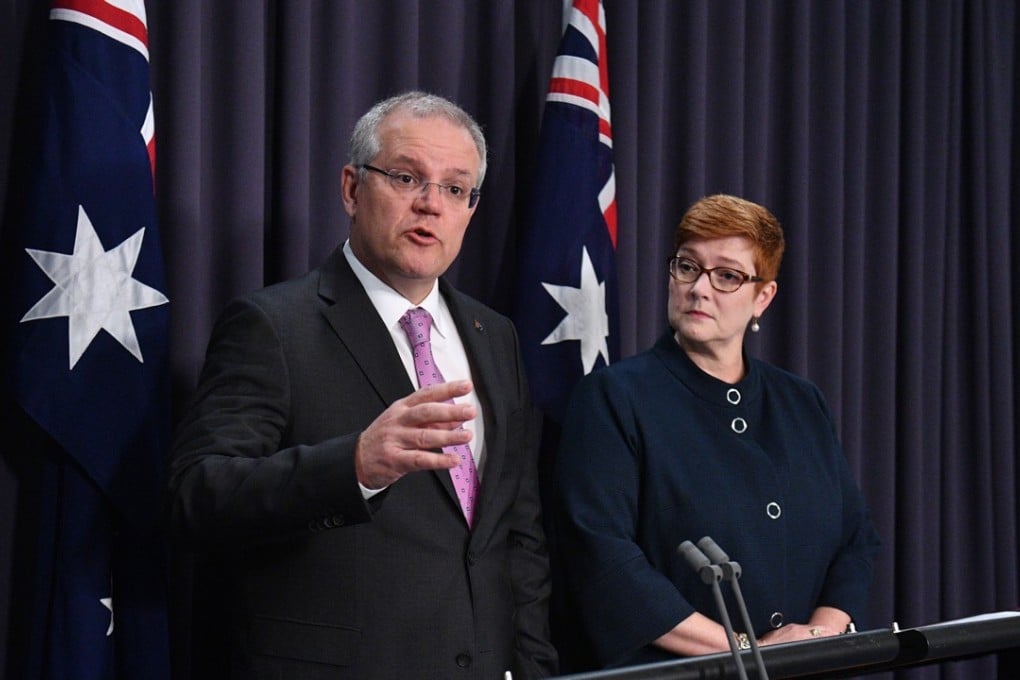Australian Prime Minister Scott Morrison, alongside his minister for foreign affairs Marise Payne, discusses a plan to overturn decades of Australian foreign policy and move Australia’s embassy in Israel from Tel Aviv to Jerusalem. Photo: EPA