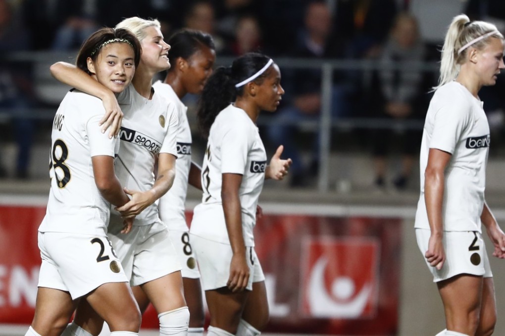 Wang Shuang (left) of PSG celebrates with teammates after scoring in the Uefa Women’s Champions League. Photo: EPA