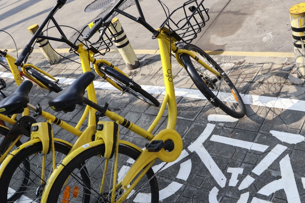 Ofo bikes seen parked on the street in the Futian district of Shenzhen. Photo: SCMP/Roy Issa