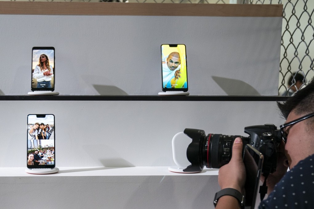 Google Pixel 3 (top left) and Pixel 3 XL phones on display at their recent New York launch. Photo: AFP