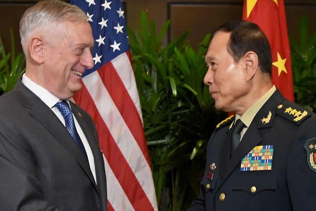 US Secretary of Defence James Mattis shakes hands with China’s General Wei Fenghe during a bilateral meeting in Singapore on Thursday. Both defence chiefs endorsed the non-binding guidelines. Photo: EPA-EFE