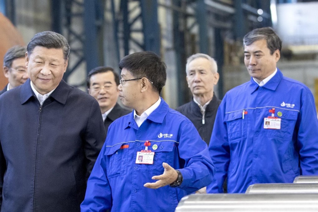 Chinese President Xi Jinping on a factory visit in Qiqihar, China, accompanied by top economic adviser vice-president Liu He (2nd from right) in September. Photo: Xinhua
