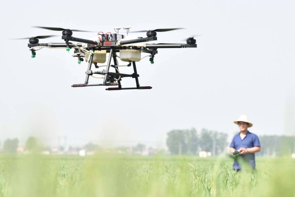 A farmer uses a drone to spread pesticide in a wheat field in China's northern Hebei province. Photo: Xinhua