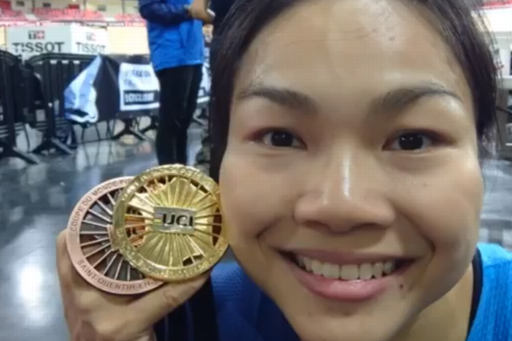 Hong Kong’s Sarah Lee shows off her medal haul after her success at the track world cup in Paris. Photo: Facebook / Sarah Lee
