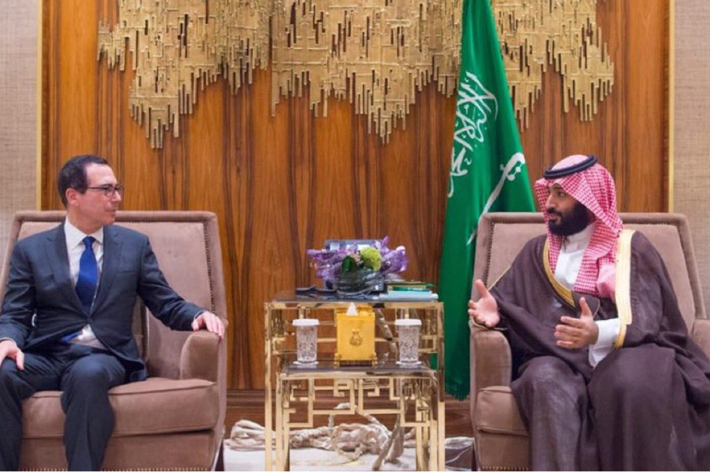 US Treasury Secretary Steve Mnuchin (left) meets Saudi Crown Prince Mohammed bin Salman in Riyadh on Monday, in a photo posted on Twitter by the Saudi Foreign Ministry. Photo: Twitter / Saudi Foreign Ministry