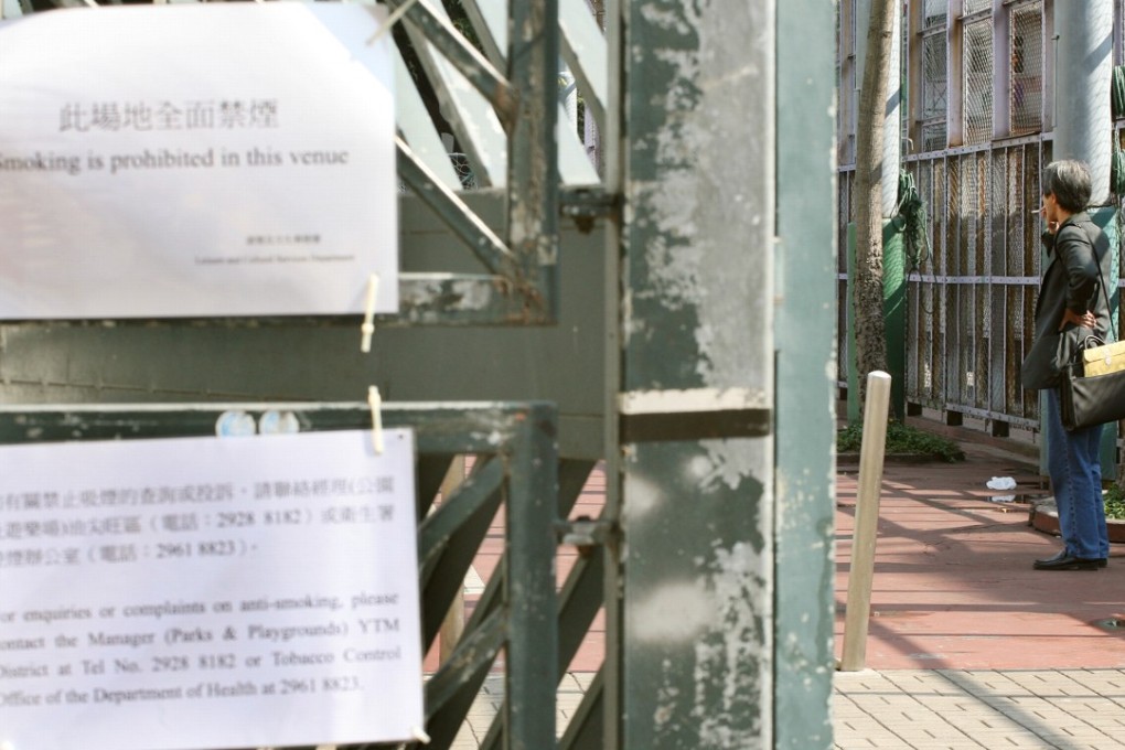 A man smokes at a playground in Mong Kok, disregarding the “no smoking” notice on the gate, in December 2006. Photo: Dustin Shum