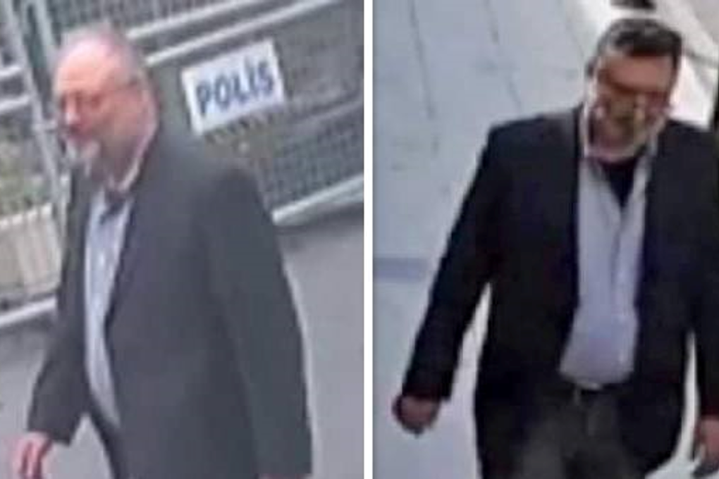 Journalist Jamal Khashoggi (left) enters the Saudi consulate on October 2. Later in the day, after Khashoggi’s killing in the consulate, a man is seen in what appears to be Khashoggi’s clothes. Photos: CNN